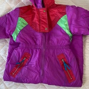 Vintage 90s Girls Ski Suit Size 12 Neon Magenta Colorblock One-Piece Snow Suit